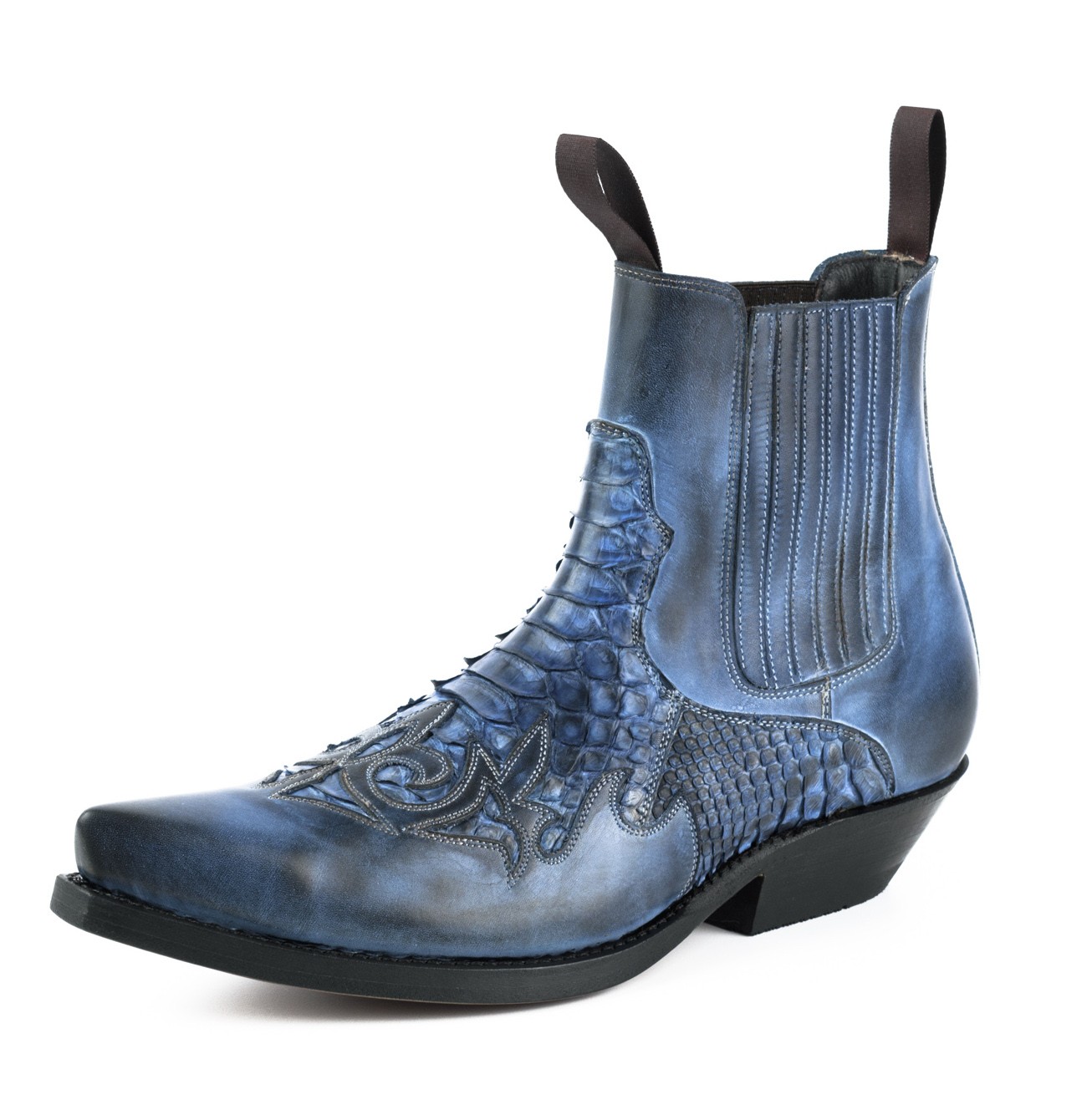 Blue snakeskin cowboy ankle boots for men LOW CUT LEATHER SNAKESKIN BLUE  DENIM BOOTS